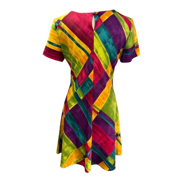 Vintage 80s 90s Abstract Bias Cut Mini Skater Dress Size S Cosplay Retro Unique - Picture 3 of 10